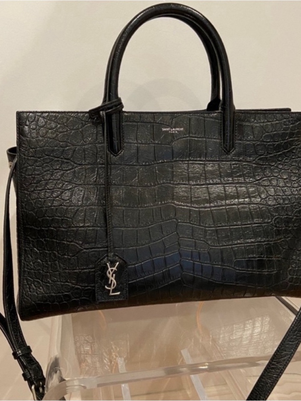 AUTHENTIC Saint Laurent Medium Croc Embossed Cabas Rive Gauche Leather Satche - Picture 2 of 7